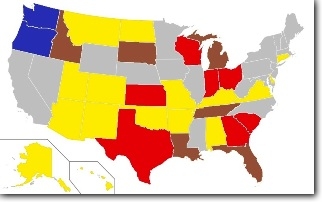 Voter_ID_laws_in_the_US_map Voter ID laws in the US. Red is more strict while lighter colors are more loosely regulated.